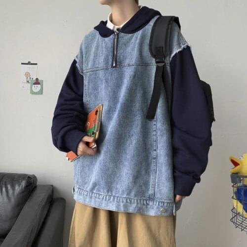 Korean Pullover Jacket Mens Fashion Contrast Color Casual Hooded Denim Jackets Mens Streetwear Loose Hip-hop Bomber Jacket Men