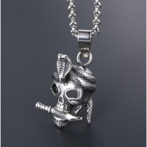 Personality Retro Skeleton Dagger Cobra Pendant Silver Color Titanium Steel Pendant Men Domineering Nightclub Jewelry Accessorie