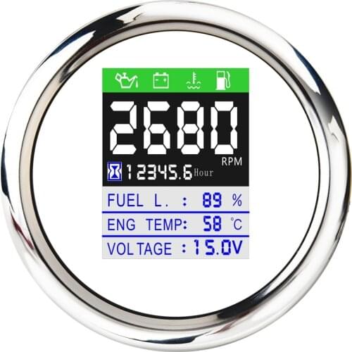 85MM 6-in-1 Multi-Functional Digital Tachometer Fuel Level Water Temp Oil Pressure Gauge Voltmeter Hourmeter Alarm