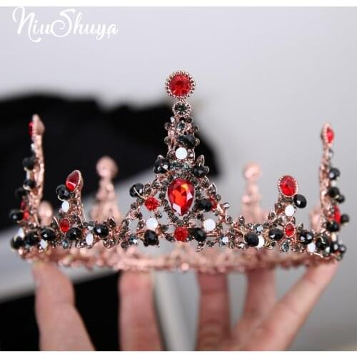 NiuShuya Fashion Black Red Crystal Wedding Crown Tiara Hair Jewelry Round Rhinestone Bridal Headpieces Hair Accessories