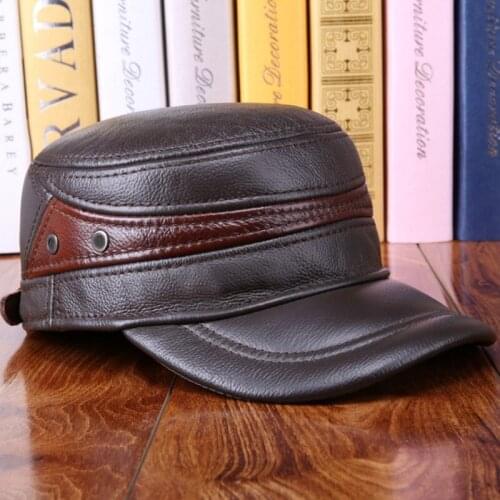 XdanqinX Adjustable Size Mens Flat Cap Genuine Leather Caps Army Military Hat Autumn Cowhide Leather Cap With Ears Dad Warm Hat