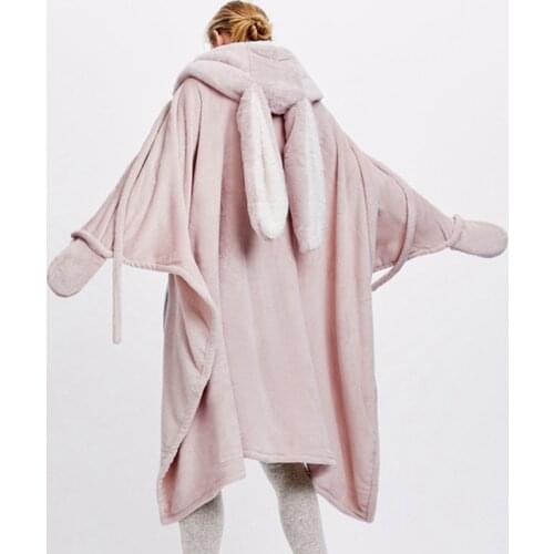 2019 New Autumn Winter Women Poncho Hooded Cape Nightgown Cartoon Rabbit Warm Thick Coral Velvet Bathrobe Blanket Cloak Overcoat