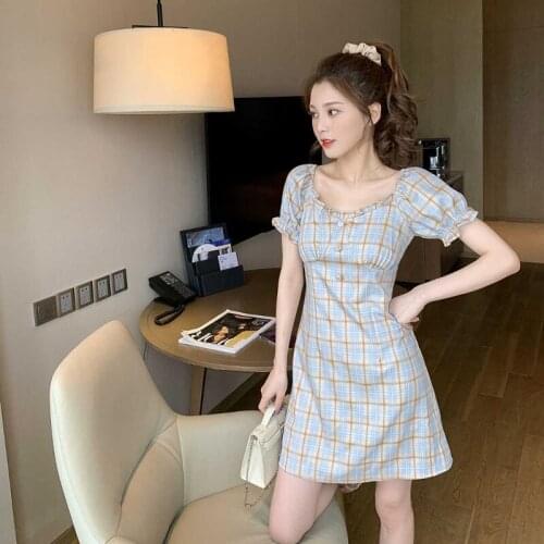 Summer Spandex Womens Dress Square Collar Short Sleeve Pullover Purple Sky blue Plaid Fashion Office Lady Dress