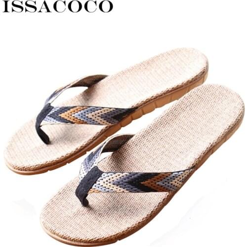 ISSACOCO Mens Linen Flip Flops Striped Ribbon Sandals Flat EVA Non-Slip Linen Slides Home Slippers Man Casual Straw Beach Shoes