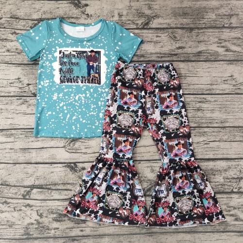 "Just a girl in love with Singer" Blue Screen Print Top+ Flare Pants 2 Pieces Set for Baby Girls