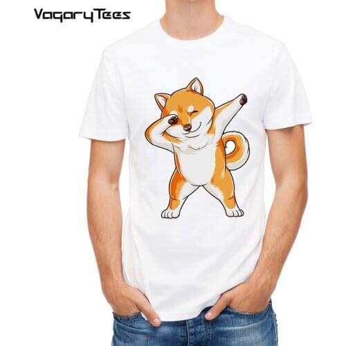 VagaryTees Funny T shirt Men Dabbing Shiba Inu Fashion Tees Cartoon Dog White T-shirt Doggo and His Ball Tops Hipster