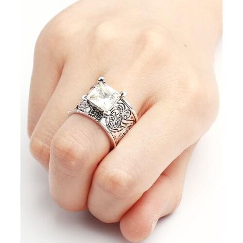 Vintage Carved Totem Pattern Joint Ring Female Boho Square Cut Zircon Wedding Engagement Ring Cocktail Party Finger Jewelry