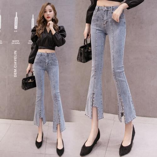 2021 Summer Women Casual Jeans Flare Pant Front Side Slit Leg High Waisted Washed Bell Bottom Versatile Chic Denim Trousers X44