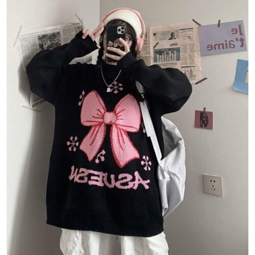 Women Knitted Sweater Bow jacquard Oversized Pullovers Winter Loose Sweater Korean College Style Women Jumper Sueter Mujer