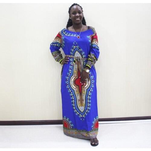 Dashiki Floral Print Smocked Belted Dress Women 2019 Autumn Leg-Of-Mutton Sleeve Shirred Vintage Long Dresses