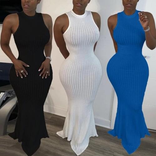 Adogirl Women Solid Knitted Maxi Long Dress Sleeveless O-Neck Bodycon Midi Dress Party Club Ladies Bandage Mermaid Dress Vestido