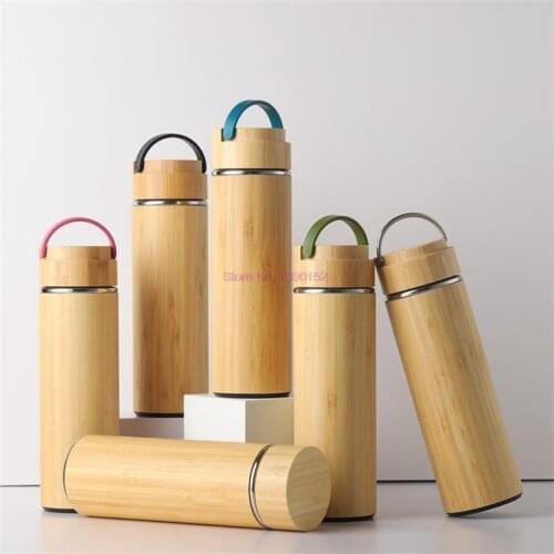 20pcs 450ml Bamboo Thermos Bottle with Handle Stainless Steel Vacuum Flask Portable Water Bottle Coffee Cup