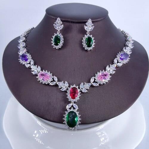 2021 NEW fashion GREEN BLUE oval CZ zircon necklace earring set wedding bride banquet party dressing jewelry set free shipping
