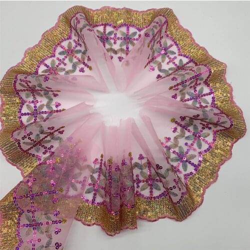 3y/lot Width 15.5cm Pink WT Golden Embroidery Lace Trim DIY Crafts Sewing Supplies Skirt Hem Decoration Accessories For Garments