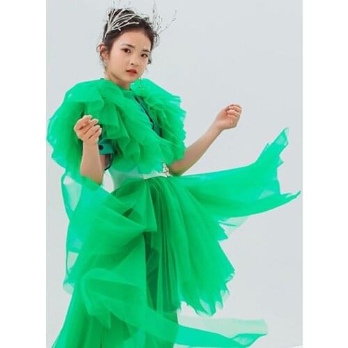 Chinese Style Girls Jazz Costume Catwalk Green Suit Shoulder Net Coat Shorts Net Gauze Skirt Stage Wear Festival Clothes XS2417