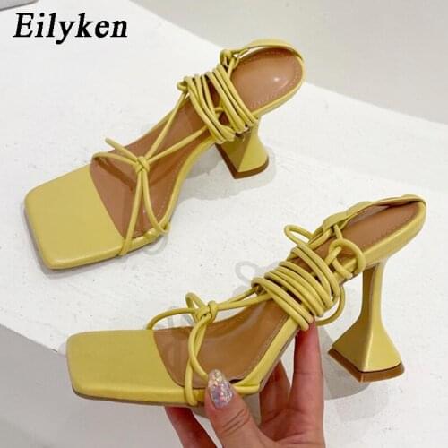 Eilyken Fashion Square Toe Narrow Band Ankle Lace-Up Sandals New Summer Gladiator Shoes Cross-Tied Spike High Heels Party Pumps