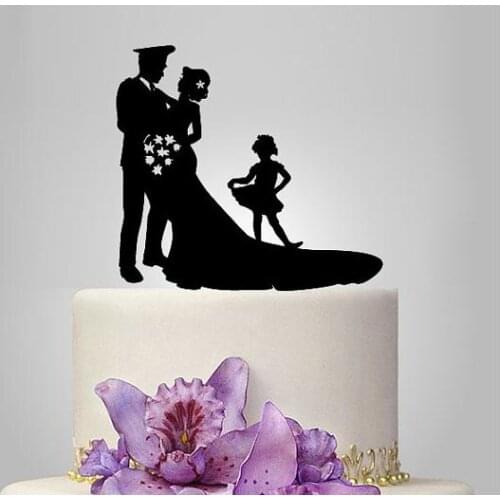 Custom glitter Wedding Cake Toppers policeman birde and groom silhouette with a girl color to choose
