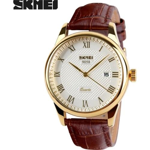 Famous Brand SKMEI Fashion Leather Strap Quartz Men Casual Watch Calendar Date Work For Men Dress Wristwatch 30M Waterproof
