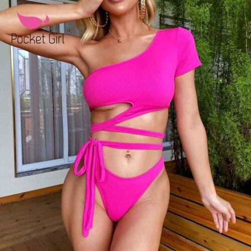 Pocket Girl 2021 One Shoulder Bikini Set Keyhole Bikini High Cut Swimsuit Female Bathing Suit Hollow Out Swimwear Women Bathers