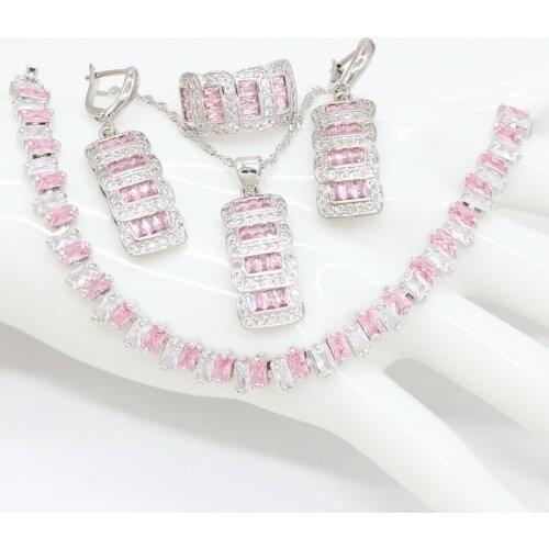 Silver Natural Pink Crystal Costume Jewelry Sets White Zircon Bracelets Pendant&Necklace Rings Earrings