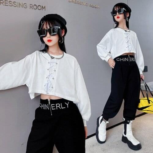 Girls Clothing Set Fashion Bandage Crop Top Sweatshirt Pants Two Pieces Suit for Children Streetwear Loose Teenage Kids Outfits