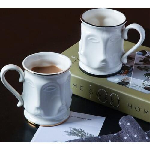 Nordic Mugs and Cups Creative Porcelain Faces Mug In Gold Black Rim Handmade Ceramic Coffee Tea Cup Special Gifts