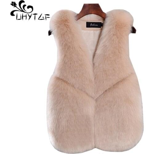 UHYTGF Faux fox fur autumn winter fur vest waistcoat V-neck solid color wild sleeveless vest short tops coat colete feminino 307