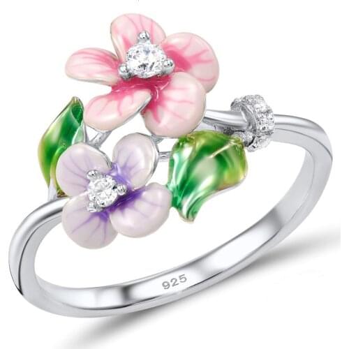 Trendy Elegant Pink Enamel Flower Blossoms Silver Rings for Female Bohemia Thin Dazzling Zircon Ring Wedding Cocktail Jewelry