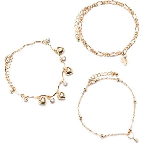 Trendy Gold Color 3pcs/set Bracelet Butterfly Heart Key Anklet Sandal Ankle Chain For Women