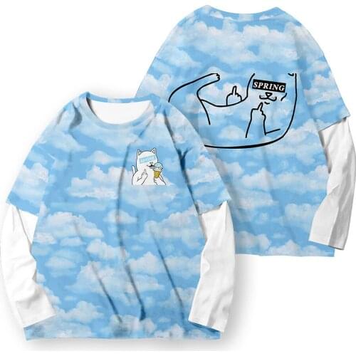 Men Women Long Sleeve T-shirt Pullover Tops Couple Casual O-Neck Fake Two Pieces Blue Cloud Print Sweatshirt Large Size XXS-6XL