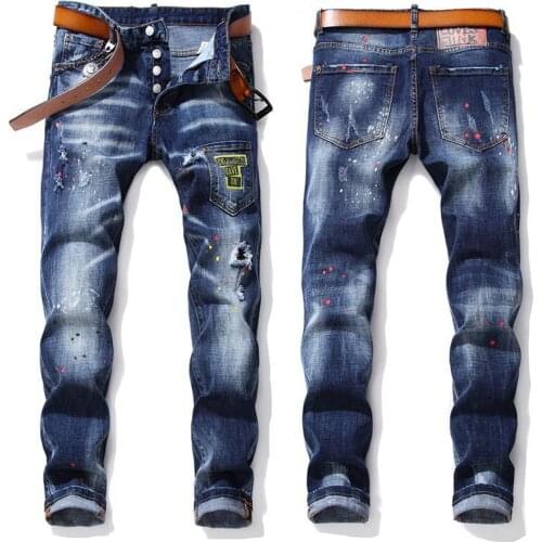 2021 Men’s High Quality Light Luxury Blue Jeans,Slim-fit Ripped Scratched Denim Pants,Painted Casual Jeans,Youth Must