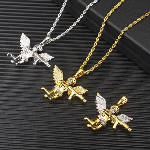 Hip Hop Bling Iced Out Cartoon Revenge Angel Pendants Necklace With Zircon Stone for Men Women Rapper Jewelry Free Rope Chain