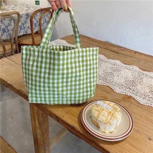 Simple Plaid Women Mini Tote Shopping Shoulder Bags Cotton Linen Student Girls Picnic Bento Bag Female Portable Small Handbags