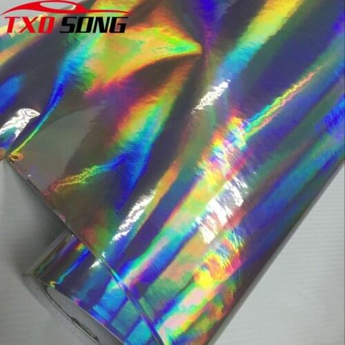 50cmx200/300/500/600cm Premium Silver Holographic Chrome Vinyl Wrap Rainbow Finish Roll DIY Air-Release Adhesive Film