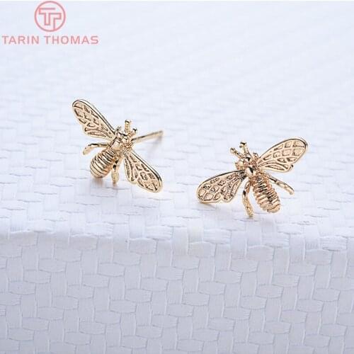 6PCS 9*14MM 24K Gold Color Plated Brass Bee Stud Earrings High Quality DIY Jewelry Making Findings