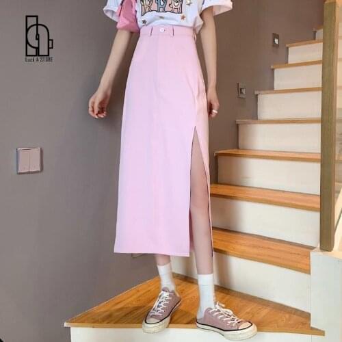 Luck A Solid Elegant Split Skirt Women Korean A-Line Vintage High Waist Midi Skirt Casual Summer Beach Party Sweet Skirt 2021