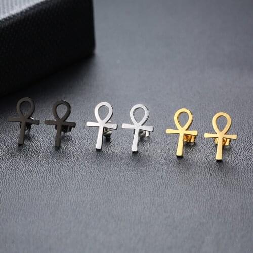 WOMNE MENS ANKH CROSS EGYPTIAN STUD EARRINGS STAINLESS STEEL the KEY of LIFE NILE CRUX RASTA EARRINGS
