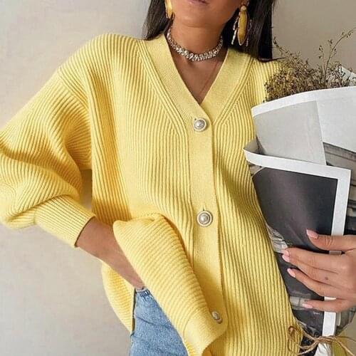 Foridol Ribbed Oversized Yellow Women Sweater Cardigan Long Casual Loose Pearl Button Up Basic Autumn Winter Cardigan Tops