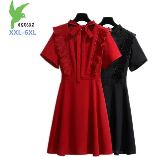 2019 Plus size 6XL Summer Chiffon Dress Women Fashion Ruffle Bow Short sleeve slim Solid Dresses Female 140kg can be worn G518