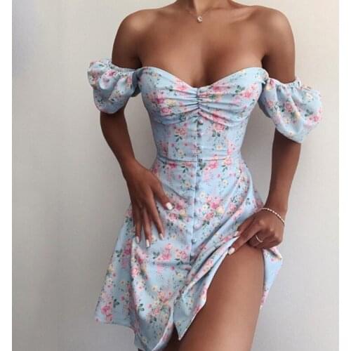 Puff Sleeve Floral Print Summer Dresses for Women Vintage Blue Beach Holiday Hoho Short Dress Flower 2021 French Harujuku Dress
