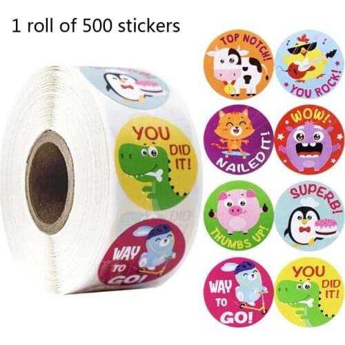 500Pcs/Roll Reward Stickers Cute Animal Scrapbooking Paper Craft for Students Motivation Teacher Encouragement Sticker