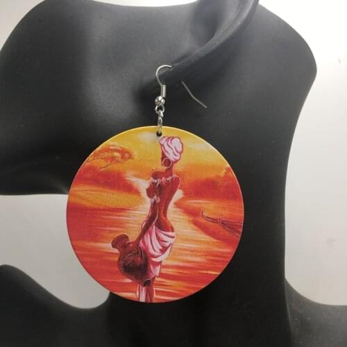 Free Shipping!Printing Africa woman Round Wooden earrings
