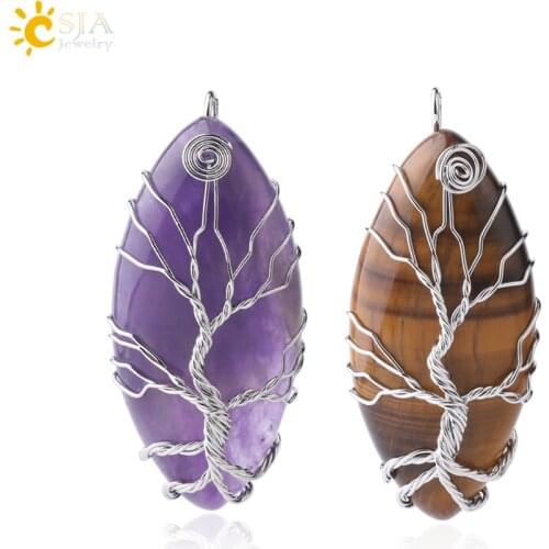 CSJA Natural Stone Tree of Life Necklaces & Pendants Wire Wrap Chakra Amethysts Opal Black Onyx Pendant ReIki Men Jewelry F831
