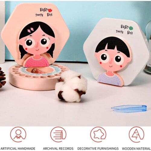 Wooden Kids Tooth Box Cartoon Pattern English Boy Girl Orgnaizer Milk Teeth Storage Collect Teeth Umbilica Save For Baby Gifts