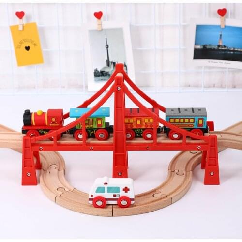 Wooden Track Toys Big Red Bridge Wooden Double Deck Bridge Railway Tracks Accessories Fit for Thomas Wood Train Toys Kids Gift