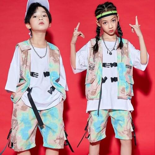 Tie-dye Hip Hop Clothes Street Dance Costume Kids Rave Clothing Festival Outfit Stage Performance Costume Vest Shorts DL8212