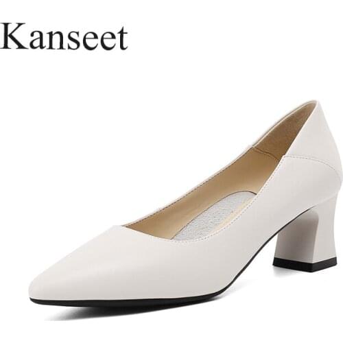 Kanseet Concise Genuine Leather Womens Shoes office lady Shallow Thick Heels Pumps Spring Autumn Elegant Working Casual Shoes