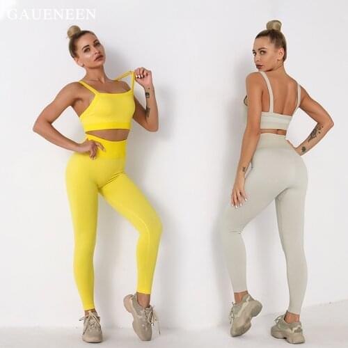 GAUENEEN Seamless Ribbed Two Piece Set Women Fitness Clothing Halter Sports High Waist Gym Leggings Workout Yoga Set Sportswear