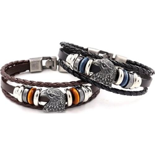 Eagle Pattern Leather Cuff Bracelet Hand-woven Beaded Retro Leather Bangle Bracelets for Women Men Jewelry Gift