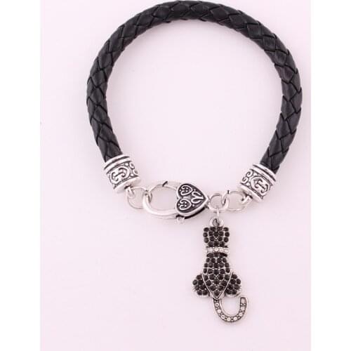 Leather Chain Bracelet For Female Male Cat Pendant With Sparkling Crystals Fashion Gift Zinc Alloy Provide Dropshipping